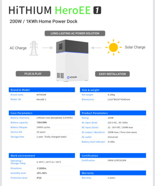 Hithium Hero 1 Solar Generator-1,000wh Lithium Battery 200Watts Inverter - Image 3