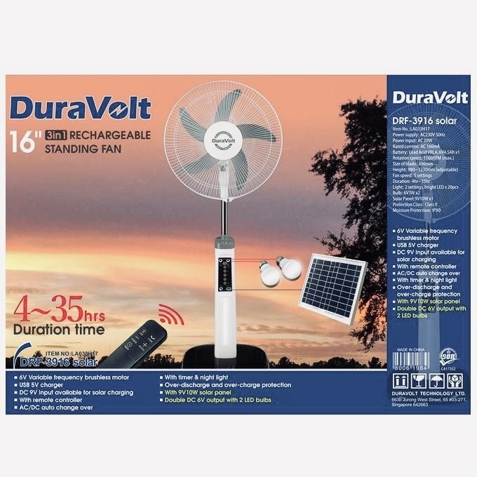 DuraVolt 3-in-One 16" Solar Rechargeable Standing Fan - Image 2